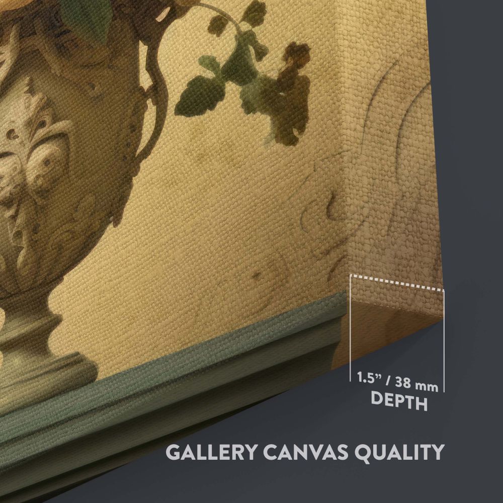 Artistic Vermeer-inspired wall art of a vase of flowers featuring an ornate design with delicate blooms in yellow, peach, and blue, highlighted by soft lighting and a subtle background that enhances the intricate details of this timeless still-life artwor