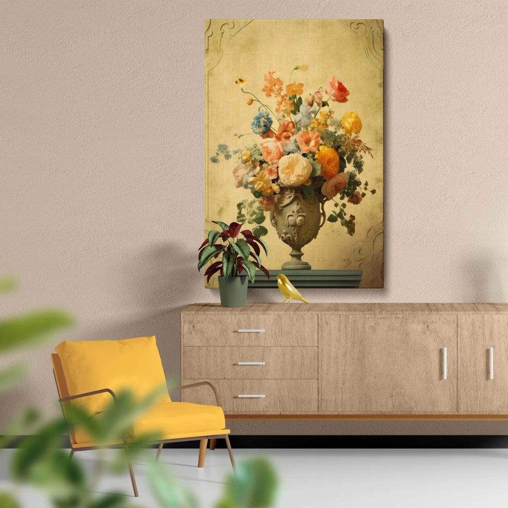 Captivating Vermeer-inspired wall art print featuring a vase of flowers with a stunning arrangement of pastel blooms in peach and yellow tones, surrounded by intricate patterns and soft lighting for a timeless and sophisticated still-life design.