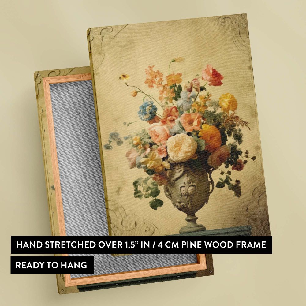 Classic Vermeer-inspired wall canvas depicting a vase of flowers with ornate decorative patterns and a lifelike floral arrangement in vibrant pastel tones, set against a muted background with warm lighting creating an elegant aesthetic.