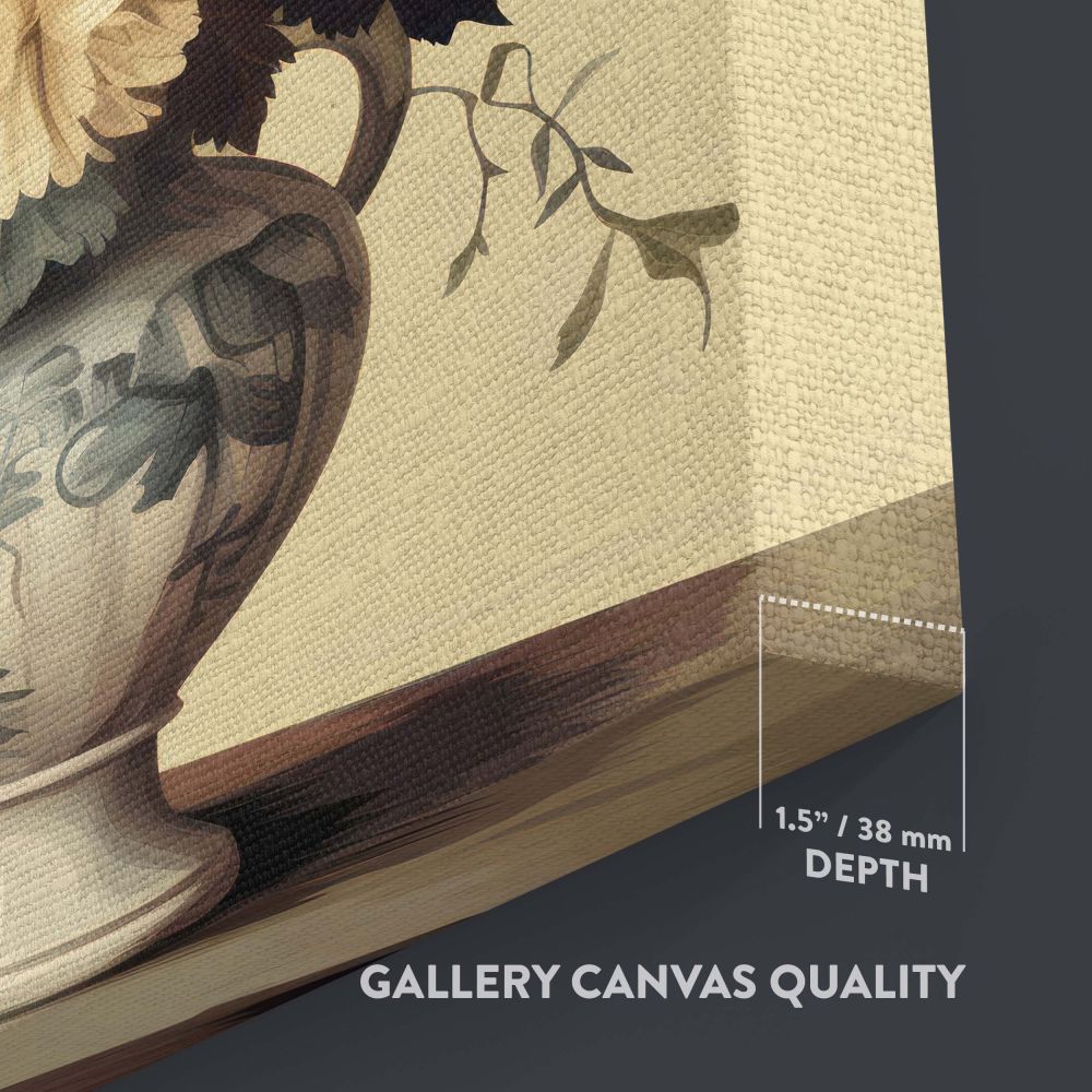 Decorative Vermeer-inspired vase of flowers wall art with an ornate white vase holding a vivid floral arrangement in red, orange, and white hues, complemented by a butterfly and soft lighting for a serene and harmonious composition.