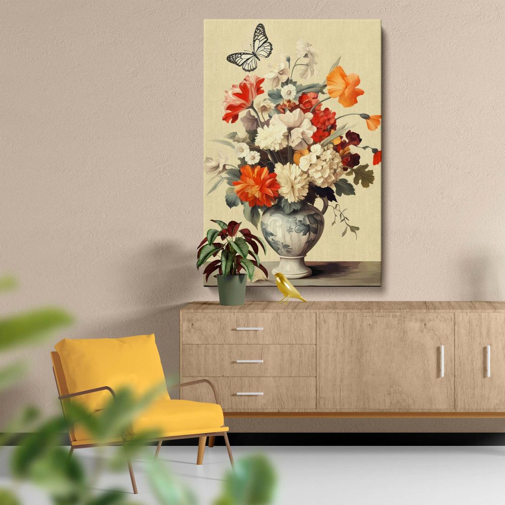 Captivating Vermeer-inspired wall art print of butterfly and flowers in a vase, showcasing a lifelike floral arrangement with intricate petals and leaves, vibrant red and white tones, and a serene cream background for timeless appeal.