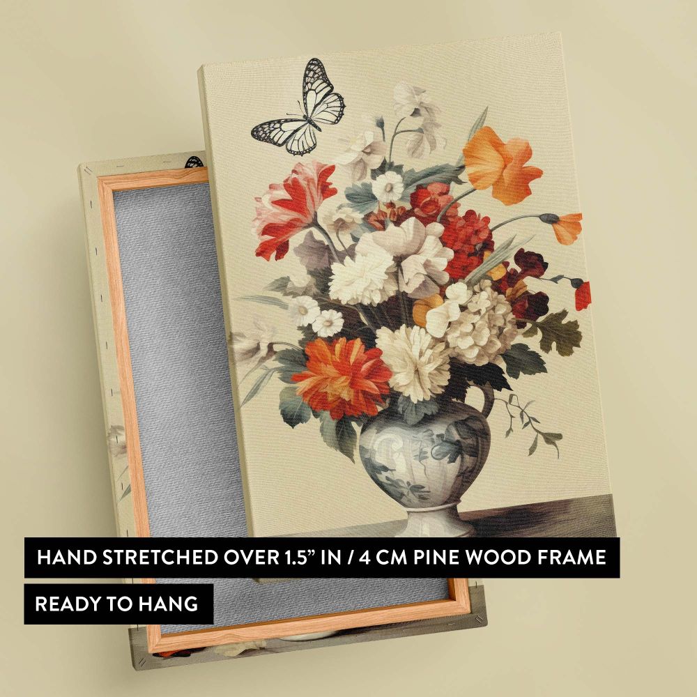Classic Vermeer-inspired floral wall art featuring a butterfly and flowers in a vase with warm tones of orange and white, soft natural light highlighting the lifelike details of the petals and lush greenery, creating a harmonious still-life design.