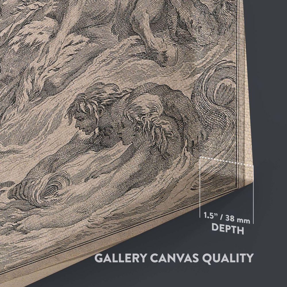 Historical etching of King Louis XV's education by a centaur under Venus's guidance, with cherubs holding garlands and intricate wave patterns in a beautifully detailed classical composition, perfect for lovers of mythological and historical art.