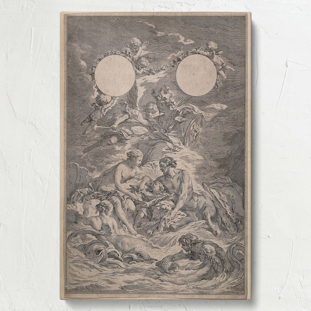 Mythological wall decor featuring King Louis XV, Venus, and a centaur in a classical educational scene, depicted with cherubs and flowing drapery in a detailed etching style that adds elegance and artistic history to any room.