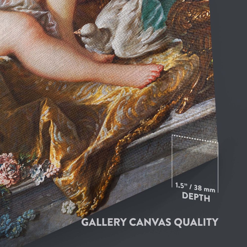 A stunning reproduction of The Toilette of Venus by Francois Boucher, highlighting Venus with playful cherubs and intricate Rococo details, printed on a premium canvas for traditional and sophisticated interior design enthusiasts.