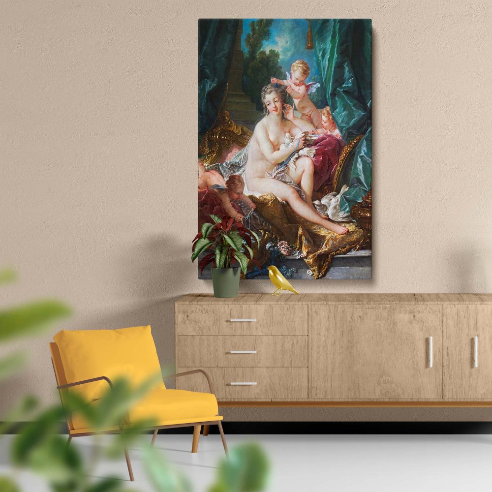 Beautiful reproduction of Francois Boucher's The Toilette of Venus with Venus and cherubs in a vibrant Rococo setting, featuring soft folds, gold accents, and romantic details on a wall art canvas to elevate vintage-inspired interiors.