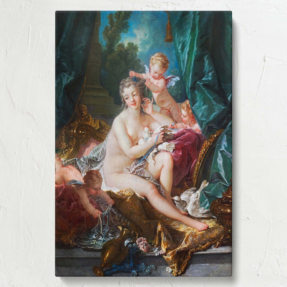 Francois Boucher's iconic The Toilette of Venus recreated on a premium canvas print, showcasing Venus in an ornate Rococo setting with cherubs, elegant gold accents, and soft textures for art enthusiasts and lovers of timeless design.
