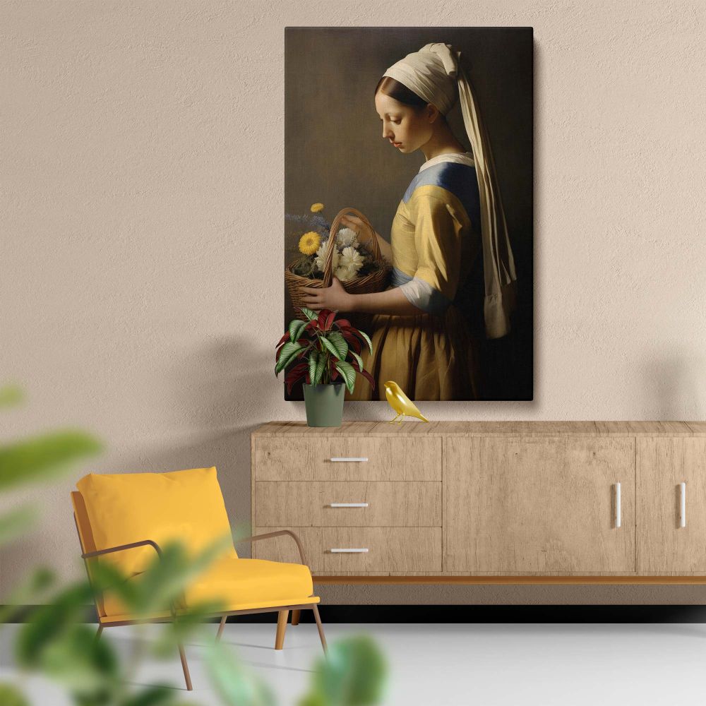 Classic painting of a woman in a Vermeer-inspired style holding a flower basket, adorned in a delicate yellow dress and white scarf, her poised figure and gentle expression accentuated by soft lighting against a moody, shadowed background.