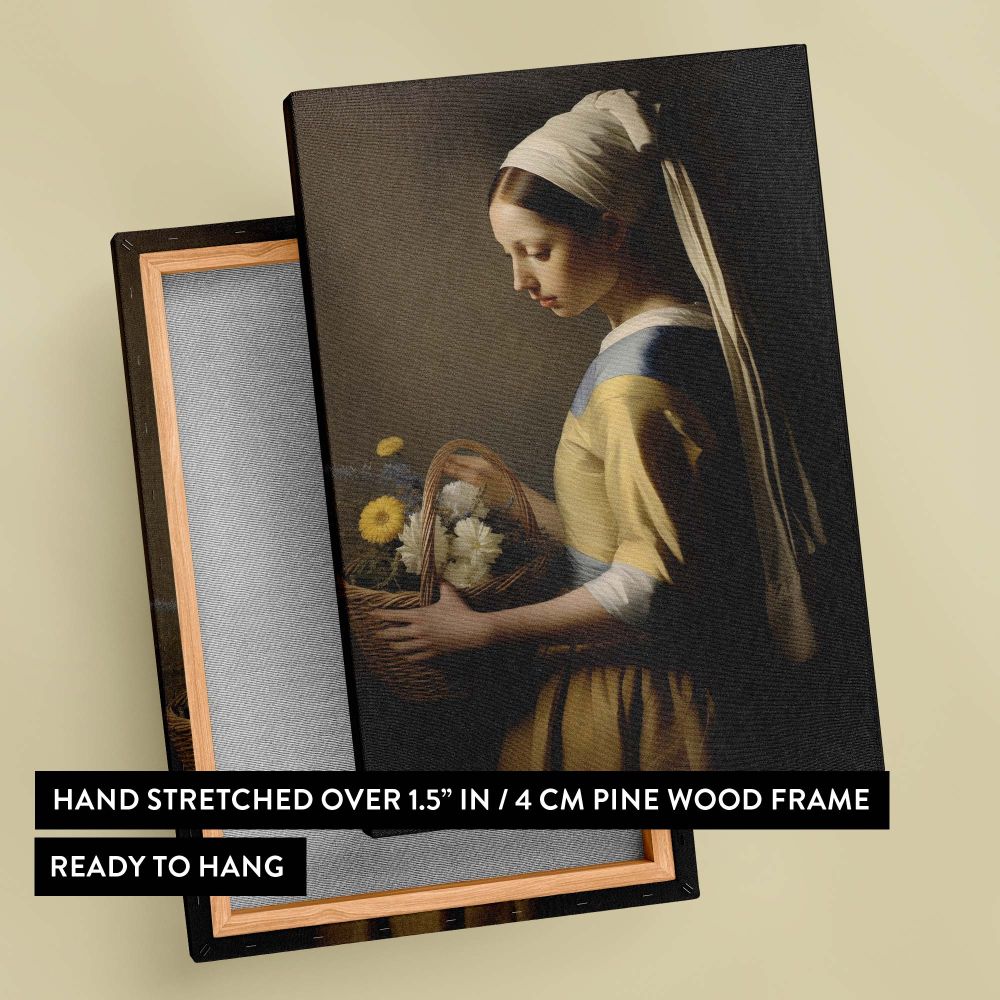 Vermeer-style artwork showcasing a woman in a traditional yellow dress holding a basket of flowers, her serene face framed by a flowing white headscarf, with subtle lighting and a dark background creating a timeless and elegant composition.