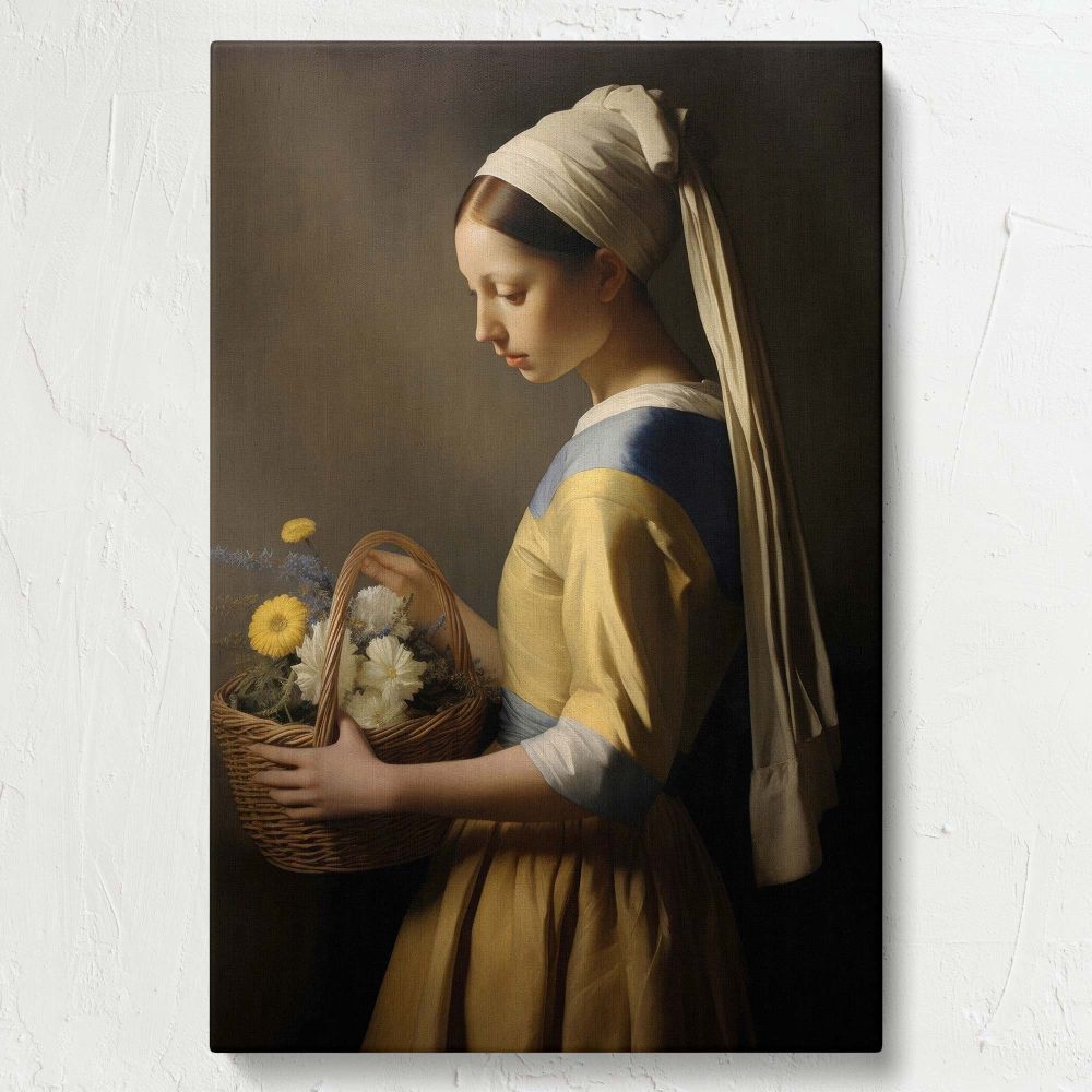 Artistic Vermeer-inspired image of a young woman holding a flower basket, her yellow and blue attire complemented by a soft white scarf, bathed in subtle light that highlights her calm demeanor against a dark and simplistic background.