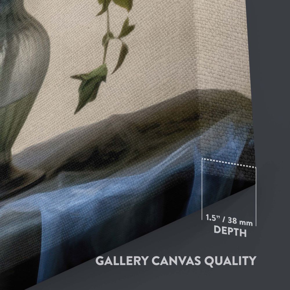 A stunning Vermeer-inspired floral composition with a delicate vase holding yellow, pink, and blue blossoms, set on a softly lit table with flowing fabric, offering an exquisite vintage aesthetic and timeless appeal for home or office wall decoration.