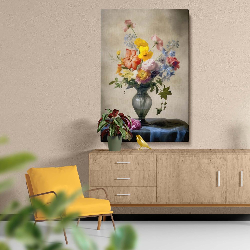 Captivating Vermeer-style floral art showcasing a vase with carefully arranged flowers in yellow, pink, and blue hues, complemented by a textured beige background and soft natural lighting, adding timeless elegance to any living space or office decor.