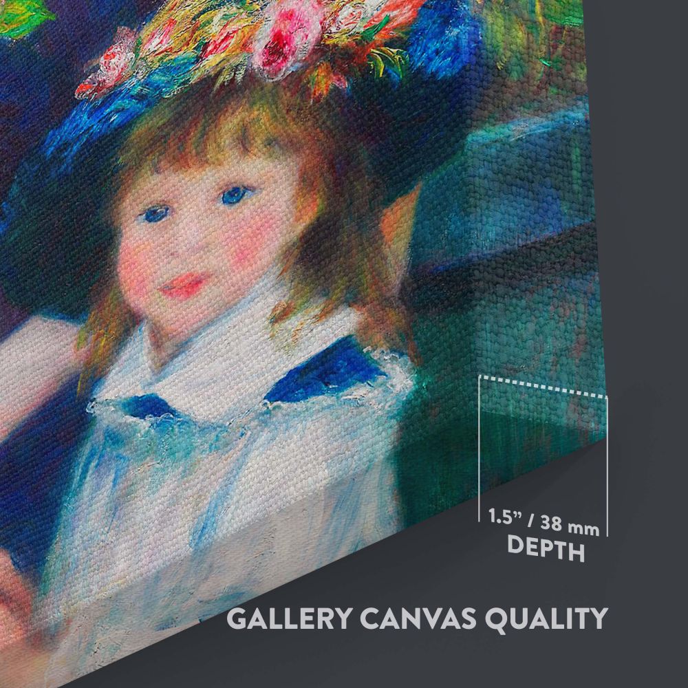 Two Sisters (On the Terrace) by Pierre-Auguste Renoir, an impressionist masterpiece depicting two young girls seated with vibrant floral arrangements, lush trees, and a serene river view, printed as wall art to bring timeless elegance to any space.