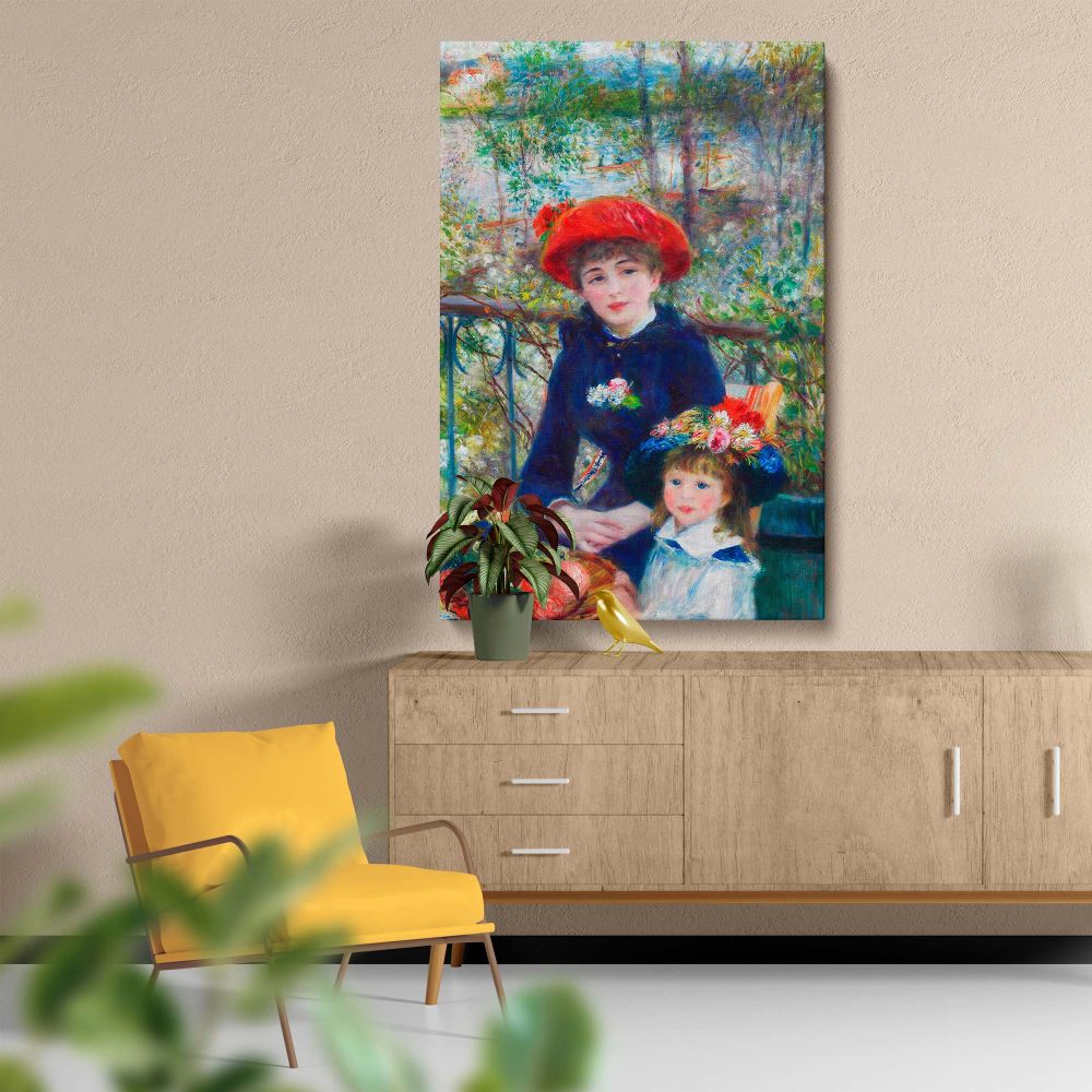 High-quality reproduction of Renoir's Two Sisters (On the Terrace), capturing the emotional warmth and vibrancy of impressionist art with two young girls enjoying the beauty of nature and colorful floral accents on a serene riverside terrace.