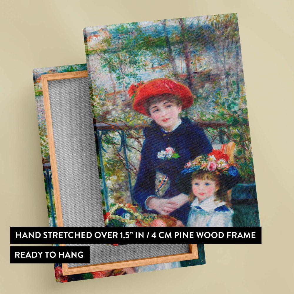 Pierre-Auguste Renoir's iconic impressionist painting Two Sisters (On the Terrace), showcasing two young girls in elegant hats and vibrant colors surrounded by lush garden scenery and river views, available as a wall canvas print for timeless decor.