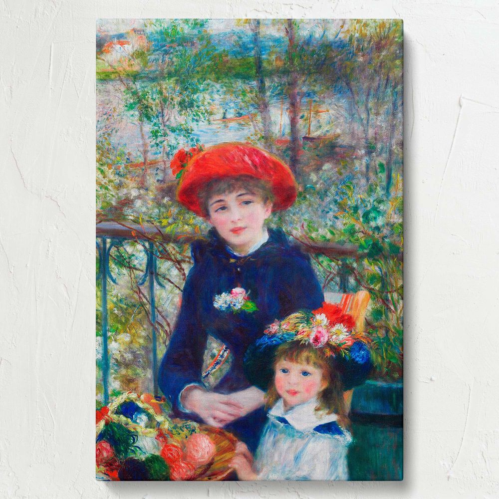 A stunning impressionist artwork by Renoir, Two Sisters (On the Terrace) featuring two young girls seated in a vibrant outdoor setting with lush greenery, blooming flowers, and serene river views, printed as a high-quality wall canvas for art lovers.