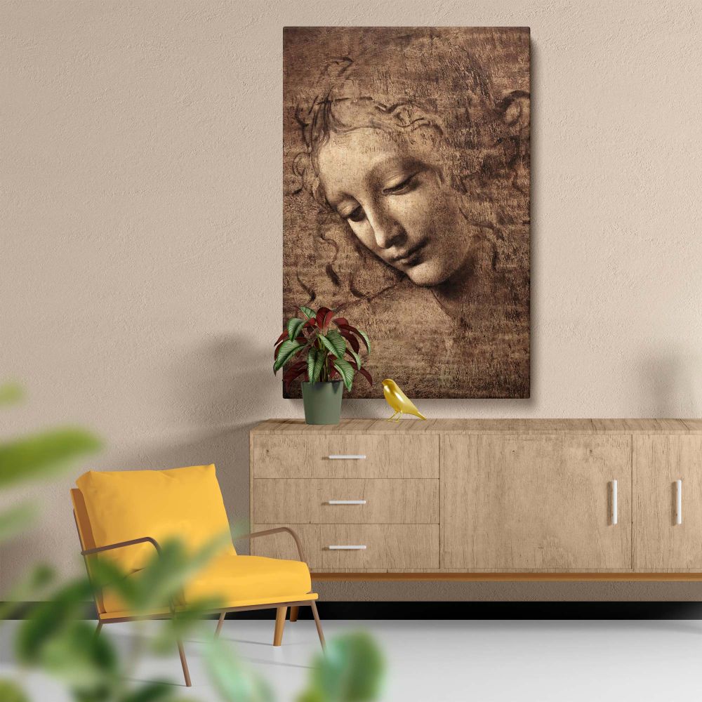 Leonardo da Vinci's La Scapigliata, a renowned painting portraying a serene woman's face with soft, flowing curls, printed on a high-quality wall canvas to enhance any room with a sense of historical significance and artistic charm.