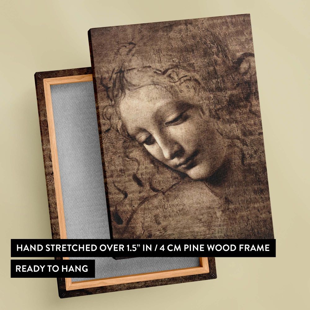 La Scapigliata by Leonardo da Vinci, a captivating Renaissance portrait of a serene woman with flowing curls and subtle shading, reproduced as a premium wall canvas perfect for those seeking classic art-inspired decor with timeless elegance.