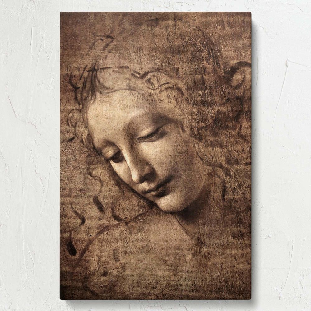 Leonardo da Vinci's famous La Scapigliata, a serene and unfinished portrait of a young woman with delicate features and flowing hair, brought to life as a high-quality wall canvas ideal for adding sophistication and historical artistry to your home.