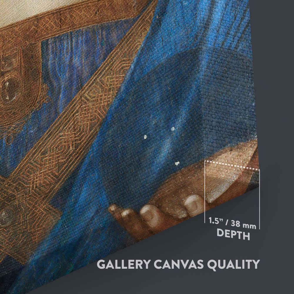 Famous Salvator Mundi painting by Leonardo da Vinci, portraying Christ holding a transparent orb symbolizing the universe, while raising his right hand in blessing, recreated as a detailed and stunning wall canvas for art enthusiasts and collectors.
