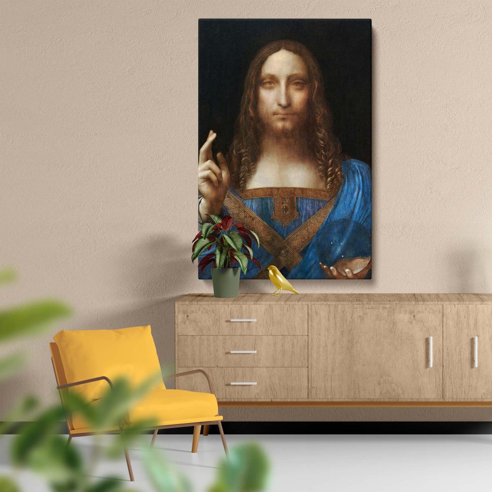 Salvator Mundi wall canvas reproduction of Leonardo da Vinci's timeless artwork, featuring Christ's gentle expression, detailed blue robe with gold patterns, and a crystal orb in his left hand, perfect for adding sophistication to home or office spaces.