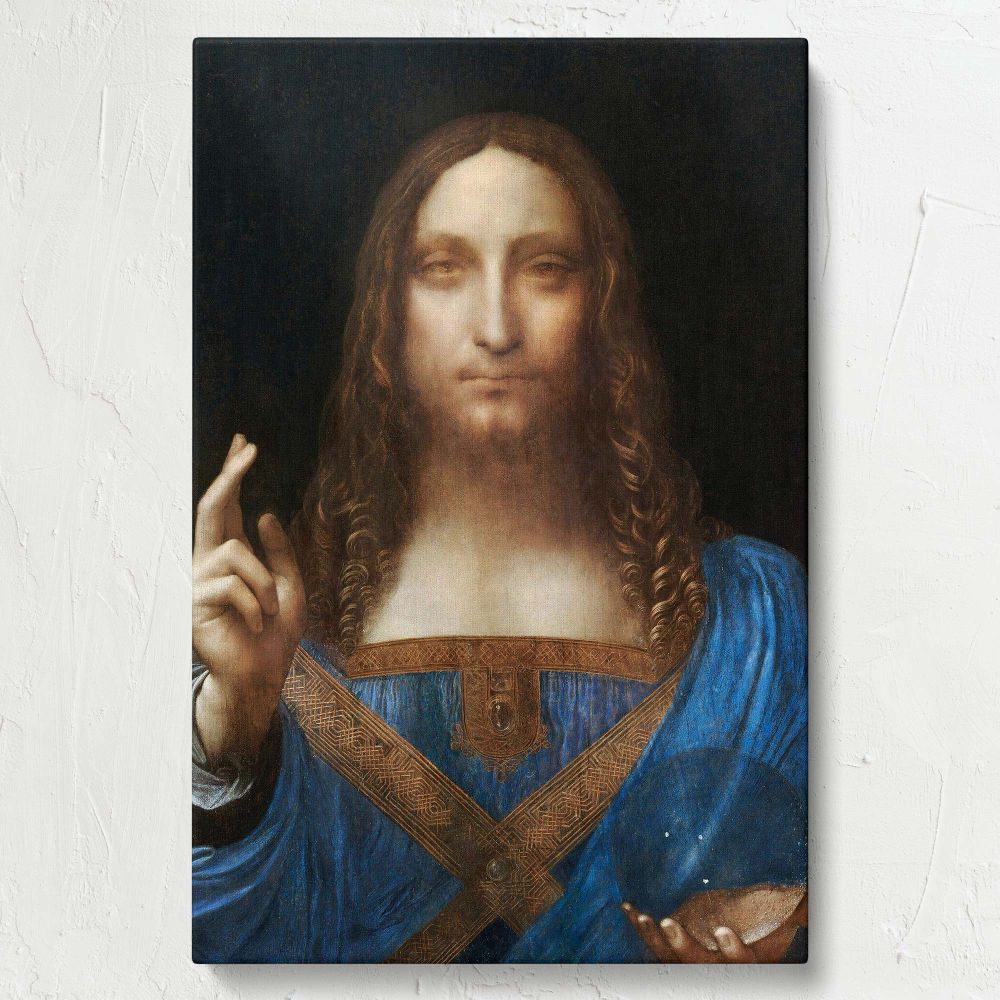 Iconic Renaissance artwork Salvator Mundi by Leonardo da Vinci, showcasing Christ's ethereal expression, crystal orb, and raised hand for blessing, presented as a lifelike wall canvas print to enhance any space with historic charm and elegance.