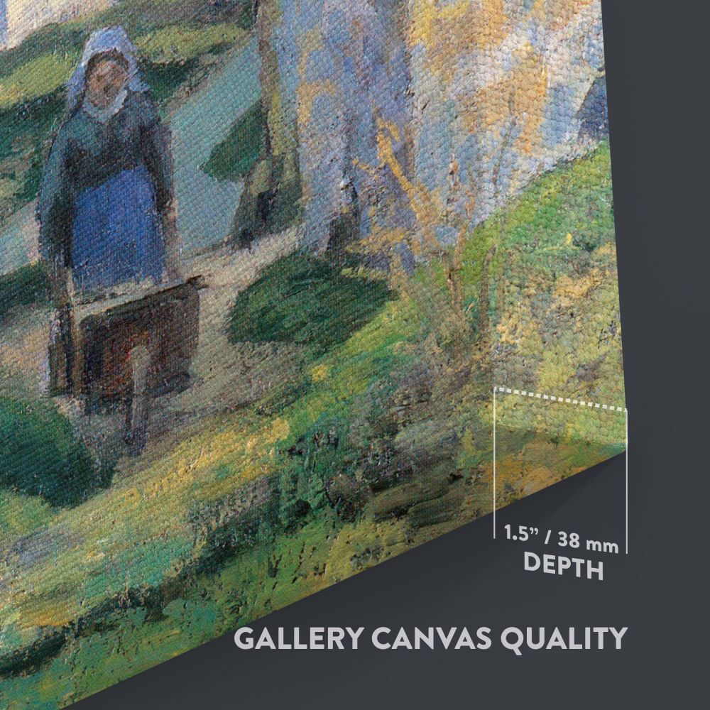 Landscape from Pontoise by Pissarro showing a countryside view with a woman pushing a wheelbarrow along a charming path, bordered by golden stone walls, green vegetation, and leafless trees under a bright blue sky in impressionist art style.