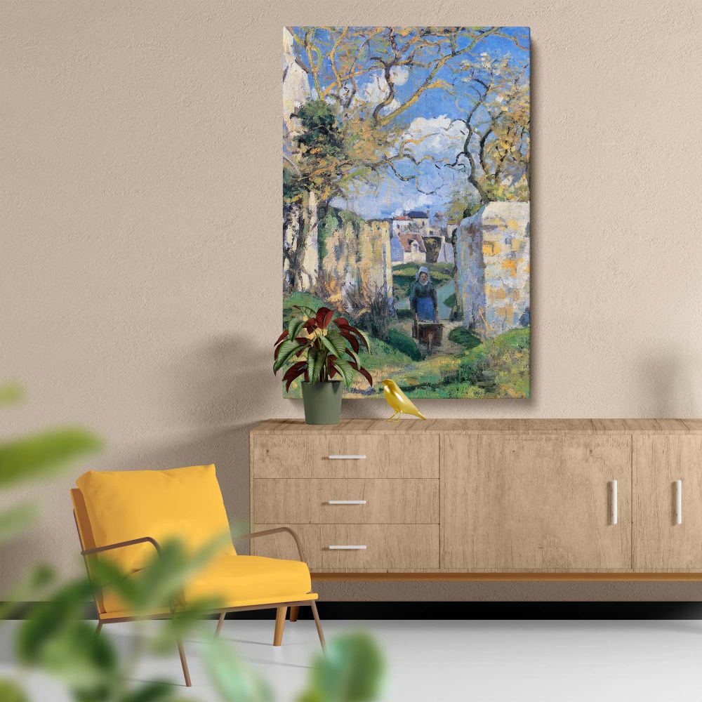 Impressionist masterpiece Landscape from Pontoise by Pissarro, portraying a rustic scene of a woman pushing a wheelbarrow through a path lined with stone walls, trees, and lush countryside under a bright sky, evoking calm and simplicity.