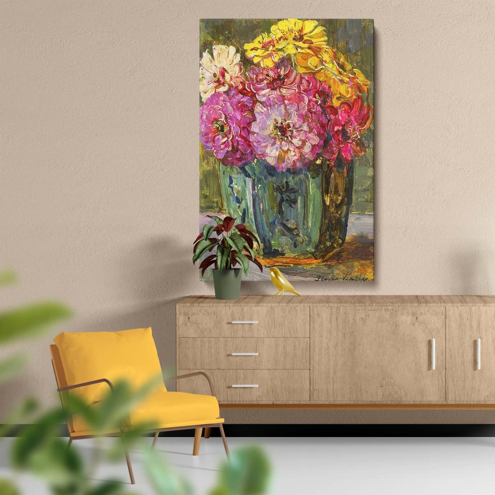 A high-resolution image of Floris Verster's 1910 painting featuring a green jar filled with zinnias, painted with vibrant shades of pink, yellow, and white, with intricate brushstrokes capturing the delicate textures and lush, lively arrangement of the fl