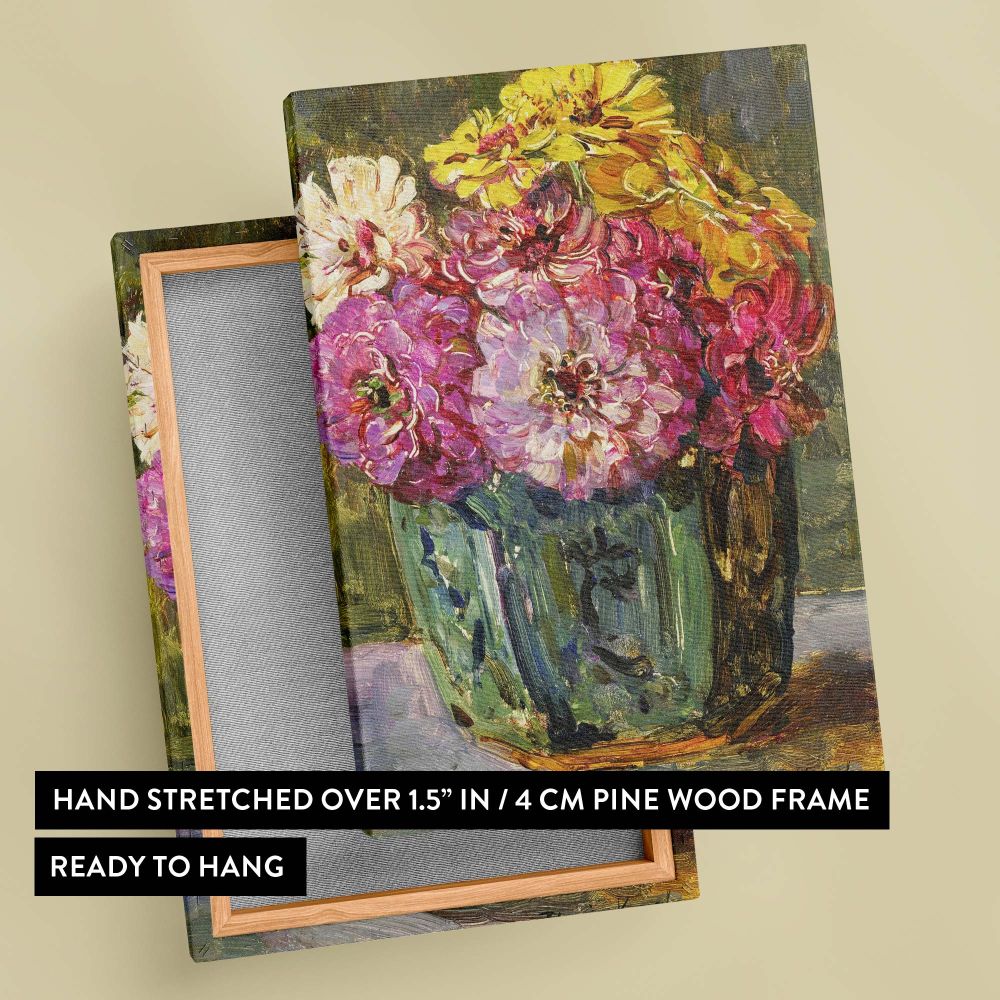 Floris Verster's captivating still life painting from 1910 with a green jar holding brightly colored zinnias in hues of pink, yellow, and white, showcasing a combination of textured artistry and floral brilliance in a serene and balanced composition.