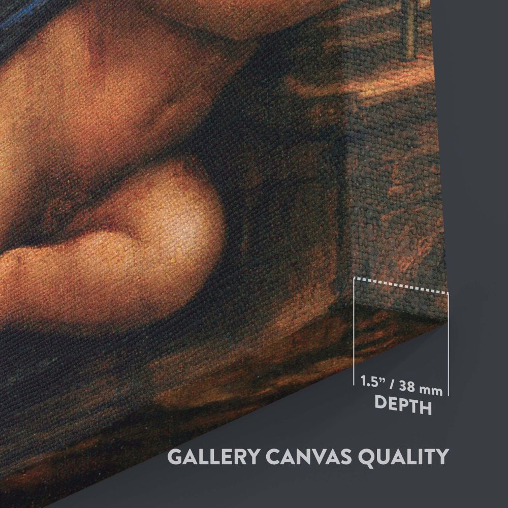 Renaissance art masterpiece Madonna of the Yarnwinder by Leonardo da Vinci, showing the Virgin Mary and Christ Child, intricately detailed against a beautiful mountainous backdrop, printed on a premium decorative wall canvas for elegant interiors.