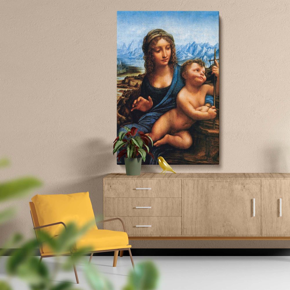 Leonardo da Vinci's Madonna of the Yarnwinder on a decorative canvas print, featuring the Virgin Mary holding the Christ Child in a stunning Renaissance composition with beautiful mountainous details and soft color tones for a classic aesthetic.