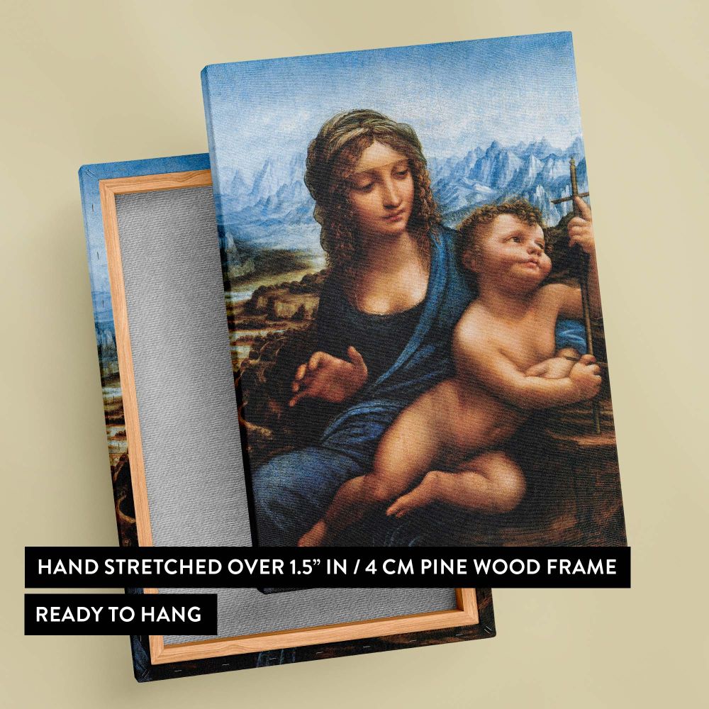 Decorative canvas art featuring Leonardo da Vinci's Madonna of the Yarnwinder, a Renaissance masterpiece highlighting the Virgin Mary and the Christ Child, set in a serene mountain backdrop, ideal for creating a timeless atmosphere in any space.