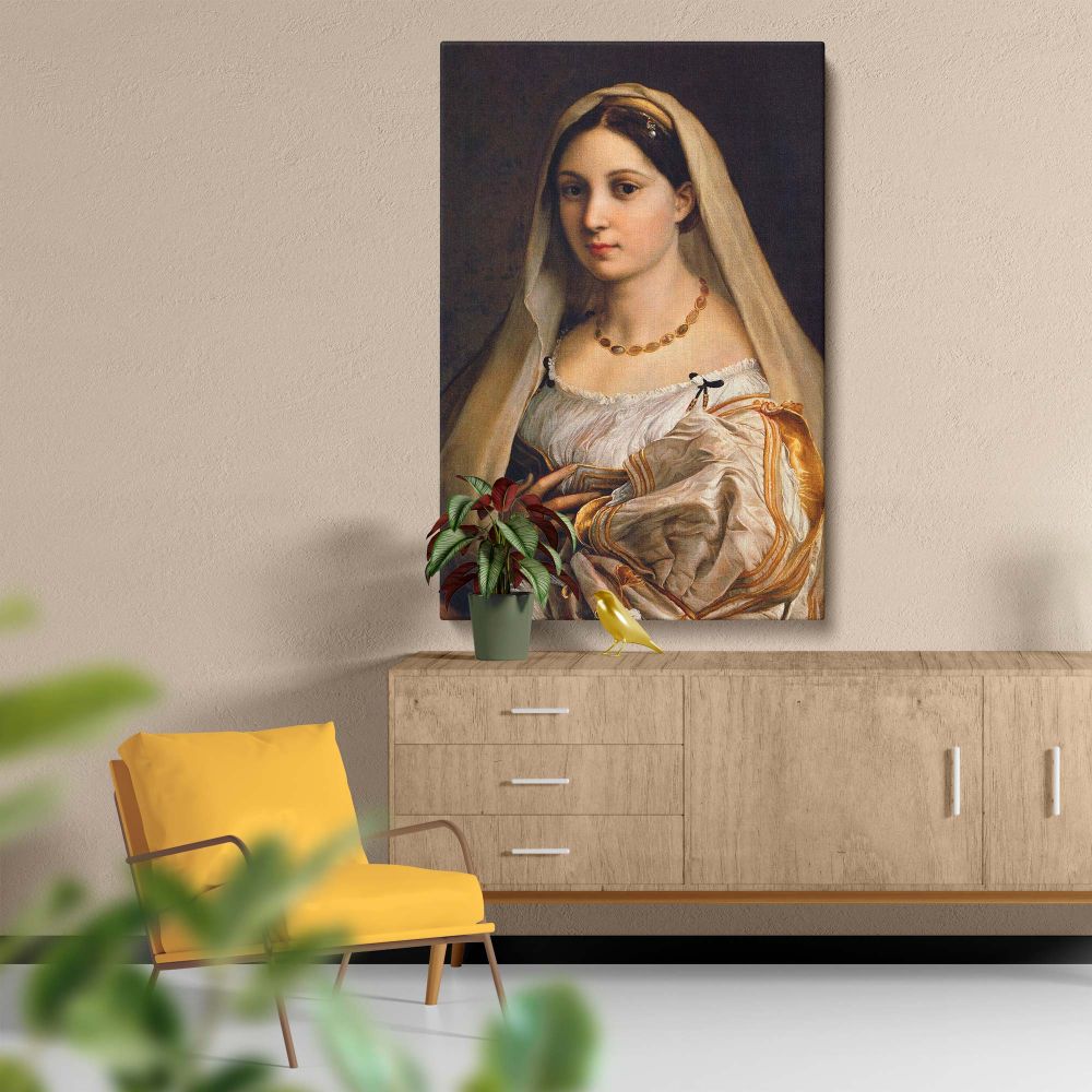 Leonardo da Vinci's Madonna of the Yarnwinder on a decorative canvas print, featuring the Virgin Mary holding the Christ Child in a stunning Renaissance composition with beautiful mountainous details and soft color tones for a classic aesthetic.