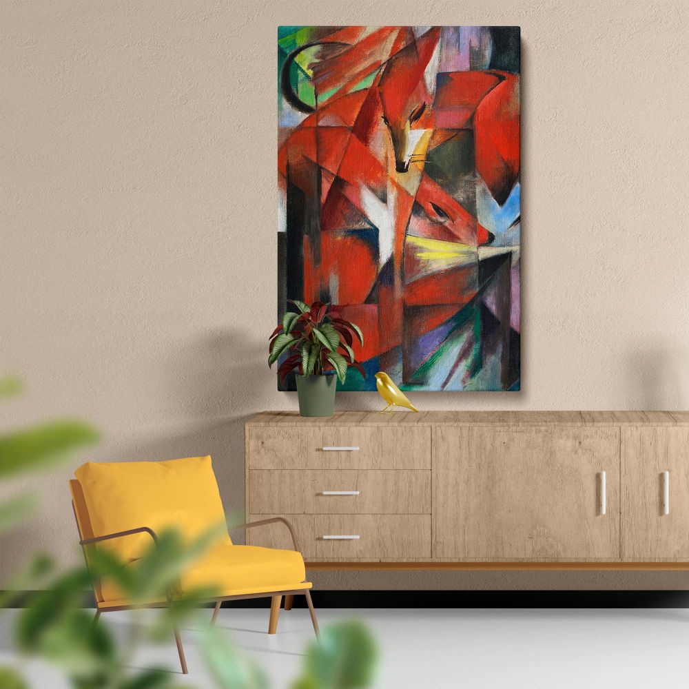 Franz Marc's The Foxes, a 1913 Expressionist painting, recreated on a durable wall canvas, featuring abstract fox designs in bright colors and sharp geometric forms, perfect for bringing modern art and wildlife inspiration into any interior decor.