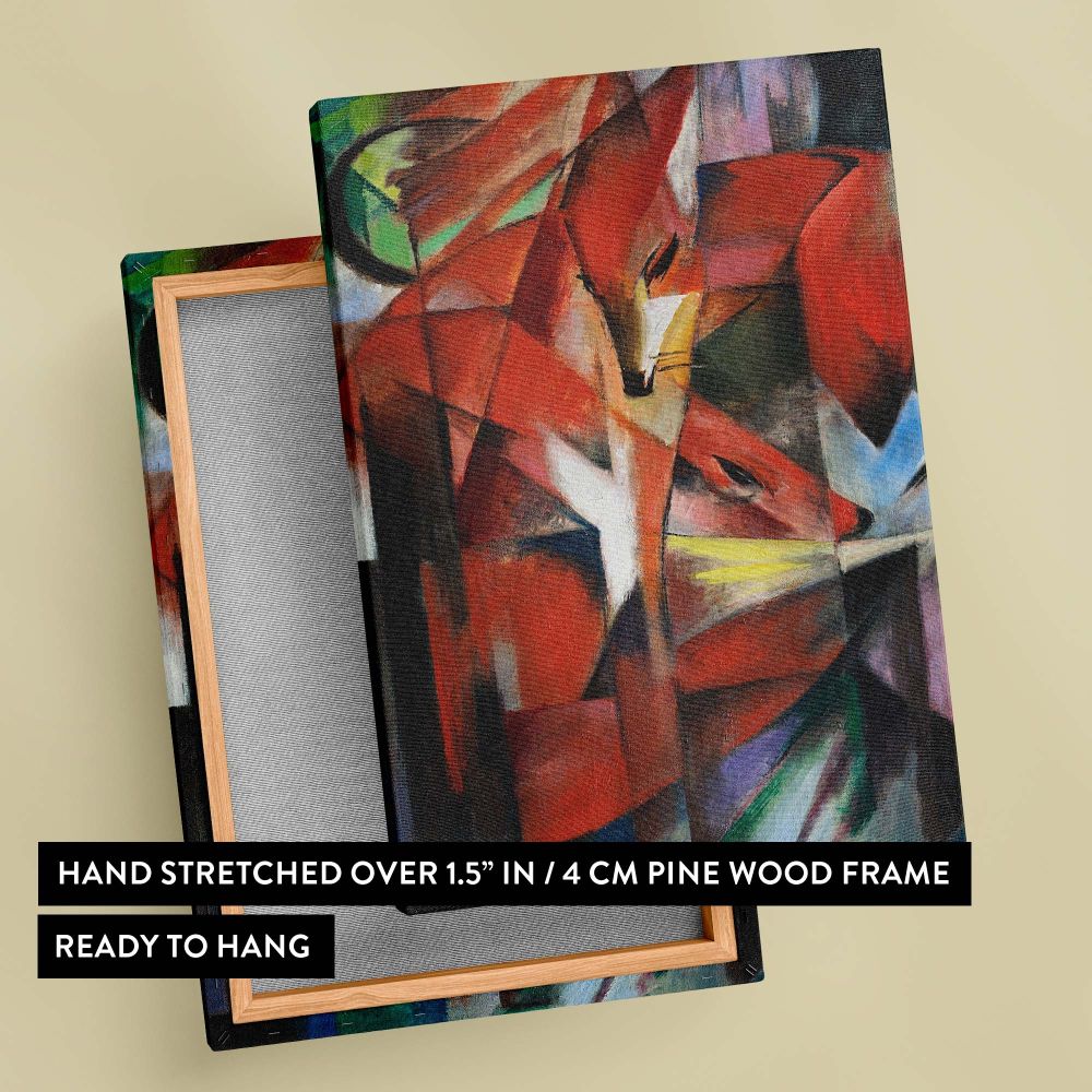 A colorful wall canvas featuring Franz Marc's The Foxes, an Expressionist masterpiece from 1913 that combines angular abstract fox designs with dynamic colors, ideal for infusing spaces with creative energy and a wildlife-inspired artistic touch.