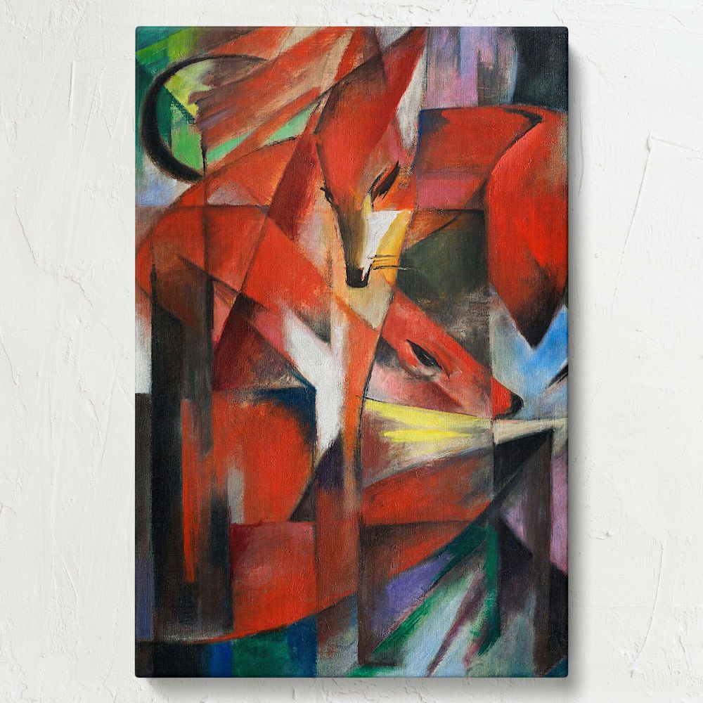 Artistic canvas of Franz Marc's The Foxes 1913 painting, showcasing vibrant color contrasts and geometric designs that bring a modern Expressionist style to interiors, making it a perfect addition to art-inspired spaces or gallery displays.