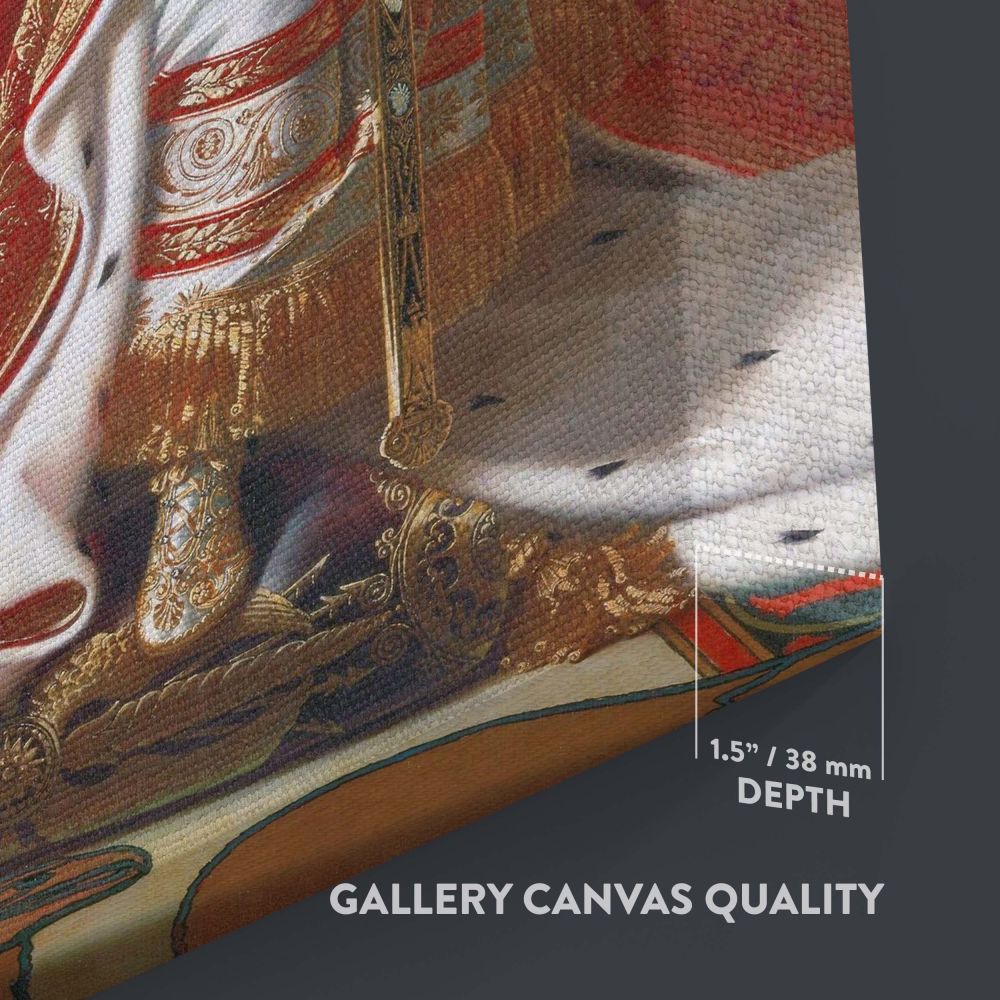 Jean Auguste Dominique Ingres's masterpiece Napoleon I on His Imperial Throne reproduced on a premium wall canvas, highlighting Napoleon's majestic presence and the artist's meticulous attention to detail with bold colors and intricate patterns.