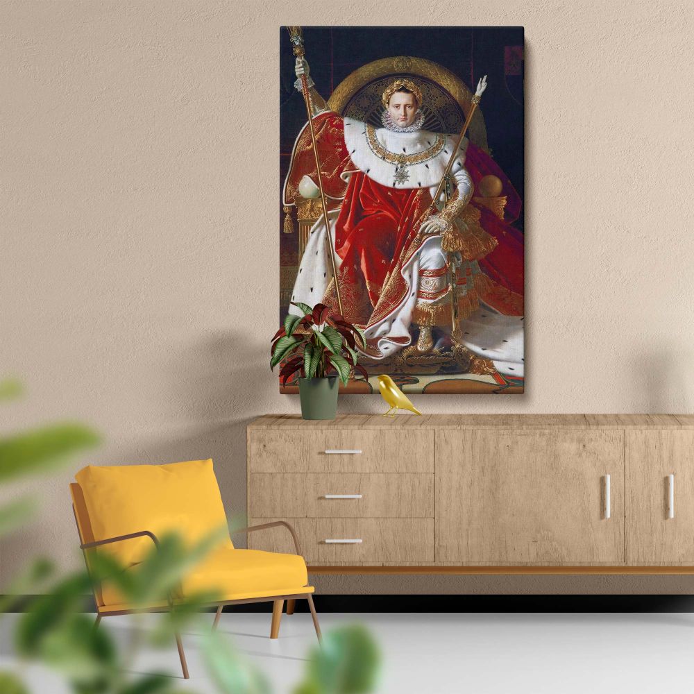 Stunning wall art canvas of Napoleon I on His Imperial Throne by Jean Auguste Dominique Ingres, showcasing vibrant colors, ornate patterns, and a powerful depiction of Napoleon seated on a throne, ideal for gallery walls or elegant living spaces.