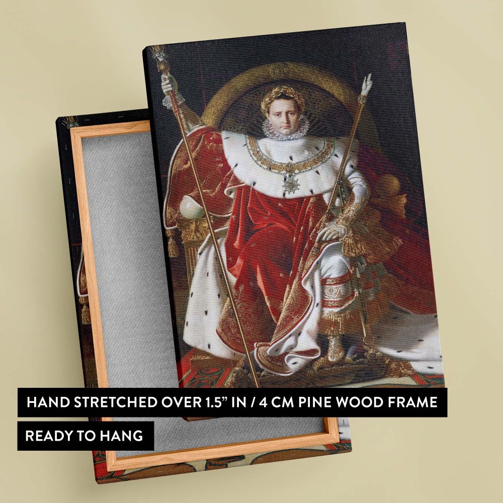 High-quality canvas reproduction of Napoleon I on His Imperial Throne, a historical artwork by Jean Auguste Dominique Ingres, featuring rich golds, deep reds, and intricate details of Napoleon's imperial robe and scepter.