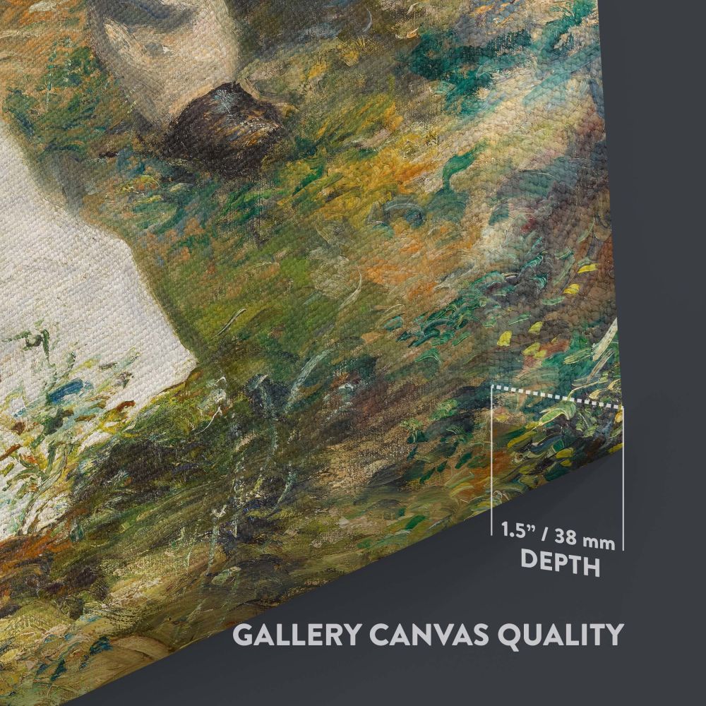 Vibrant reproduction of Pierre-Auguste Renoir's Impressionist masterpiece La Promenade, printed on premium canvas, showcasing a lush green landscape and a couple in love, ideal for creating a serene and artistic atmosphere in living or working spaces.