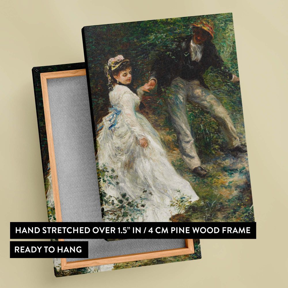 Stunning reproduction of La Promenade by Pierre-Auguste Renoir, printed on high-quality canvas, capturing the charm of Impressionist art with a romantic couple surrounded by vibrant greenery, perfect for adding sophistication to home or gallery decor.