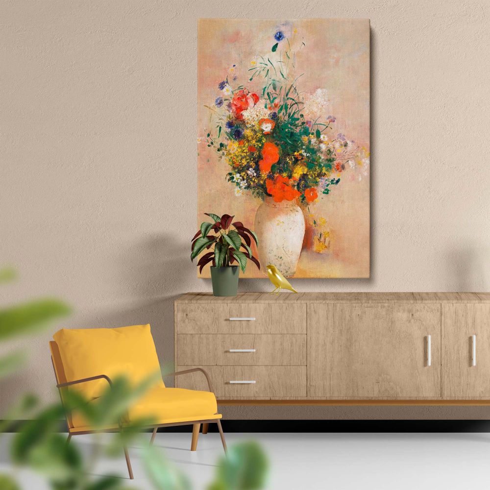 Beautiful floral canvas reproduction of Odilon Redon's Vase of Flowers, featuring intricate brushstrokes of vibrant wildflowers in a white vase with a soft pink background, making it a timeless addition to modern or classic interior spaces.