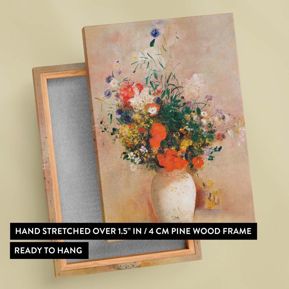 Wall art canvas featuring Odilon Redon's Vase of Flowers Pink Background, showcasing colorful wildflowers in delicate detail with a serene pastel background, ideal for adding an artistic and calming touch to any home, office, or creative space.