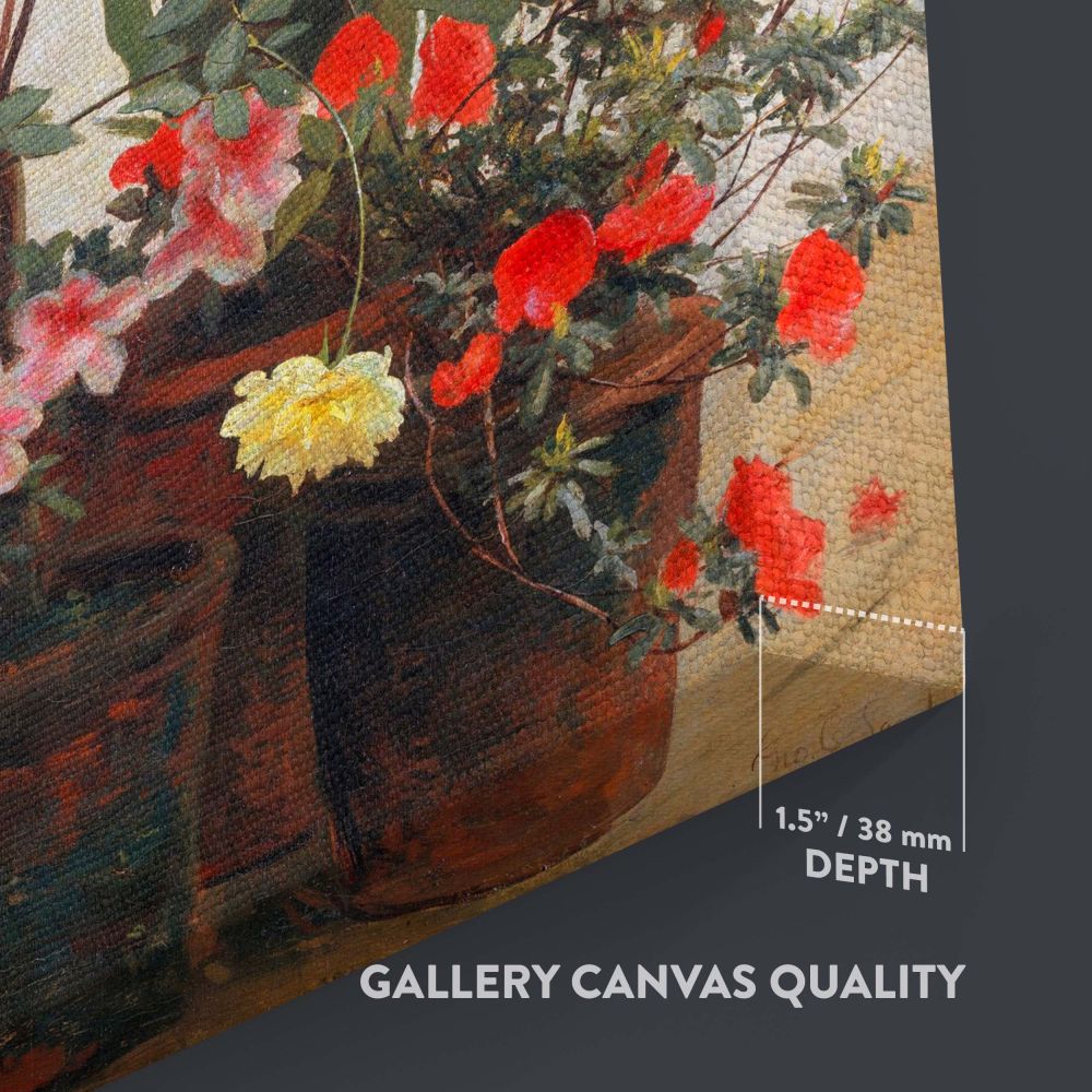 Reproduction of George Cochran Lambdin's Side of a Greenhouse on high-quality canvas, featuring blooming azaleas, roses, and calla lilies in soft natural light, creating a peaceful and timeless focal point for home or gallery decor.