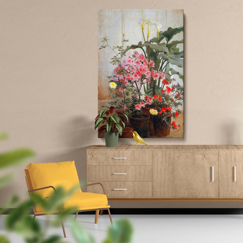 Vibrant reproduction of Lambdin's Side of a Greenhouse on premium canvas, capturing the peaceful beauty of potted flowers and soft natural tones, perfect for bringing the charm of a greenhouse into your home or workspace decor.