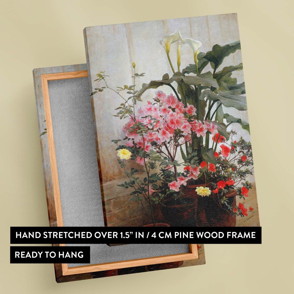 Beautiful canvas print of Side of a Greenhouse by George Cochran Lambdin, featuring blooming flowers like azaleas and roses in earthy pots with natural lighting, ideal for adding timeless elegance and botanical charm to any interior setting.