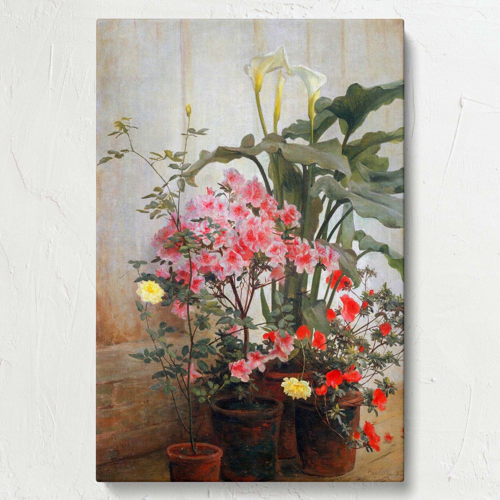 High-quality canvas art of George Cochran Lambdin's Side of a Greenhouse, showcasing a serene floral arrangement of colorful blooms and leafy plants in a warm greenhouse atmosphere, perfect for creating a sophisticated and relaxing decor.