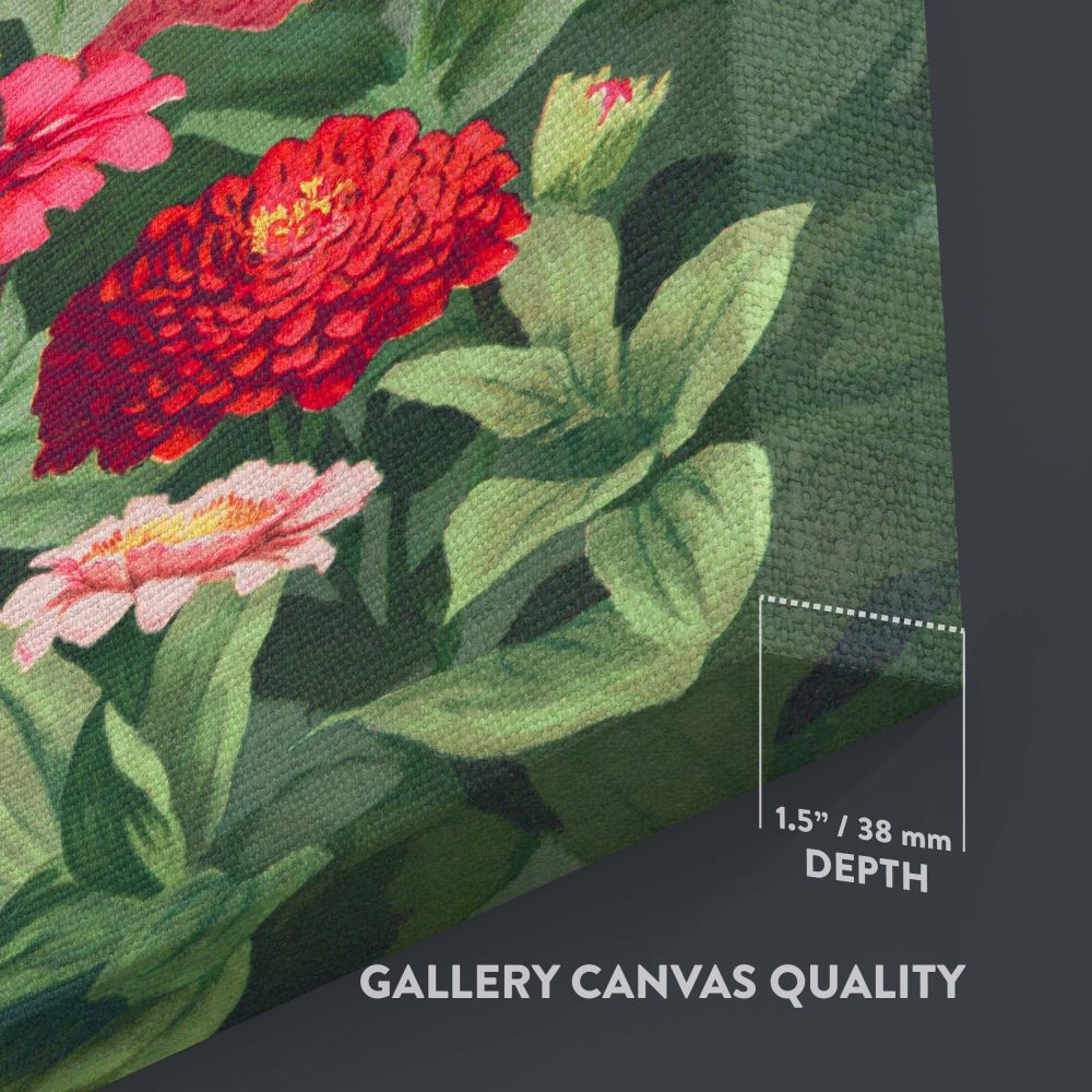 Premium-quality canvas art of L. Prang & Co's Flowers 1884, featuring bright zinnias in vivid red and pink tones with lush green leaves, creating a serene and timeless botanical focal point for home, office, or gallery interiors with vintage charm.