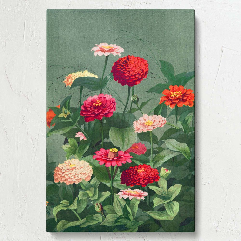 Vibrant wall canvas of Flowers 1884 by L. Prang & Co, featuring bold zinnias in warm colors with soft green foliage, intricately detailed to enhance the beauty of vintage floral art and create a calming, artistic ambiance in any interior setting.